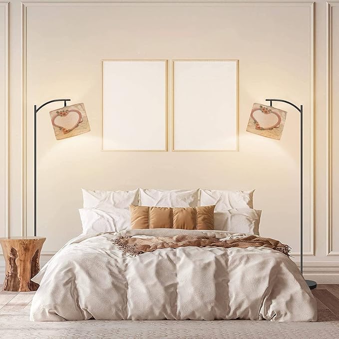 Modern Arc Floor Lamp with Dimmer Mid Century Vintage Old Postcards Heart Metal Standing Lamp with Linen Shade Footswitch for Living Room Bedroom Office - LeafyLoom
