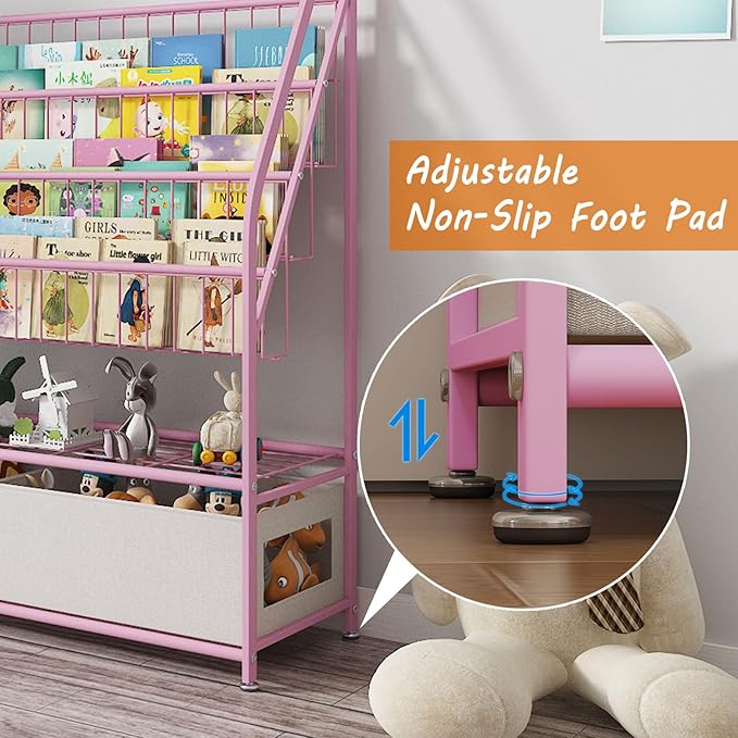 Kids Book Shelf with Storage 32inch, 5 Tier Freestanding Pink Bookshelf, Large Modern Minimalist Book Case With Toy Storage Organizer For Bedroom Study Room Playrooms Children Room KDSJ2305-Pink - LeafyLoom