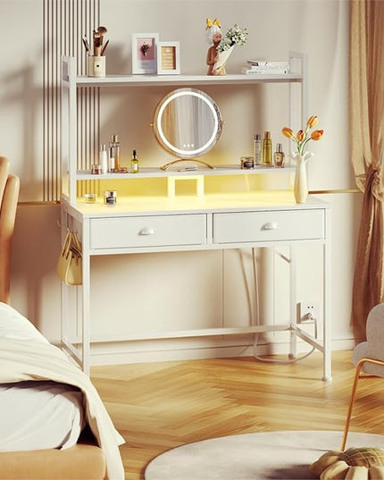 Furologee Small White Computer Desk with Power Outlet and 2 Fabric Drawers, 40" Makeup Vanity Desk with LED Light, Home Office Desk with Monitor Stand, Gaming Desk with Hutch for Small Space - LeafyLoom