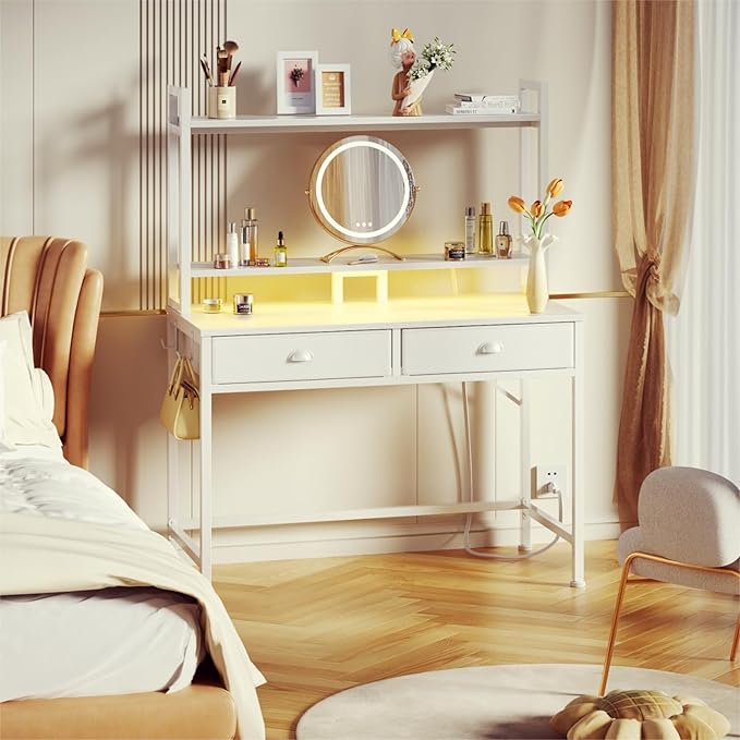 Furologee Small White Computer Desk with Power Outlet and 2 Fabric Drawers, 40" Makeup Vanity Desk with LED Light, Home Office Desk with Monitor Stand, Gaming Desk with Hutch for Small Space - LeafyLoom