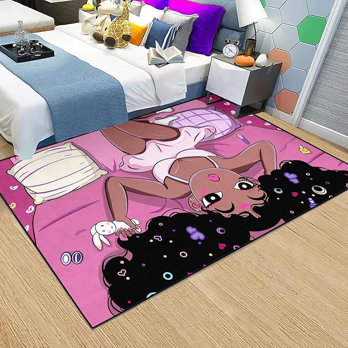 Black Magic Girls for Bedroom Large Cute African American Girls Floor Rugs for Bedroom Black Magic Girl Area Rug Girls Room Decor Pink Room Decor for Teen Girls, 5'×7' - LeafyLoom