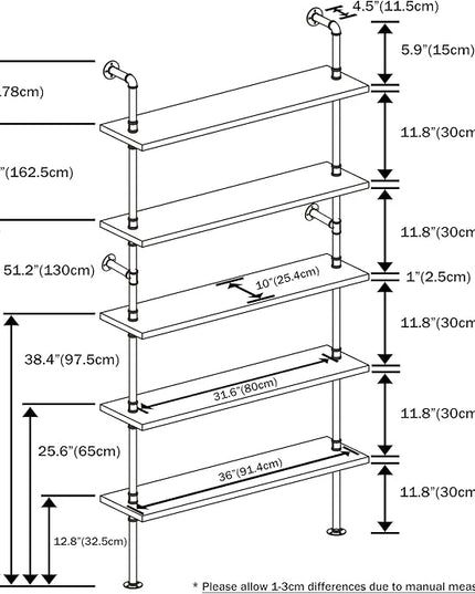 Ladder Pipe Shelves, Wall Mounted Industrial Shelves for Living Room Storage (White, 5 Tier - 10" D x 36" W x 70" H) - LeafyLoom