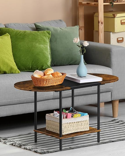 ETELI Small Round Coffee Tables for Small Space Farmhouse Oval Coffee Table with 2-Tier Storage Shelf Circle Center Tea Table for Living - LeafyLoom
