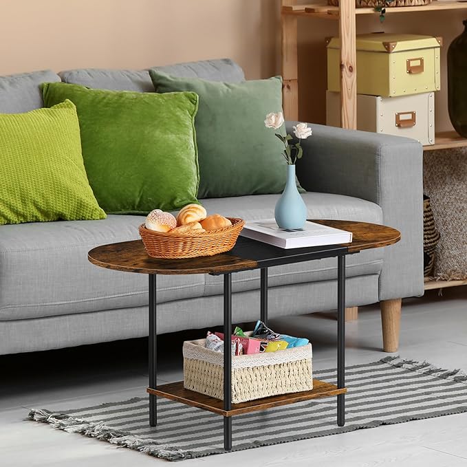 ETELI Small Round Coffee Tables for Small Space Farmhouse Oval Coffee Table with 2-Tier Storage Shelf Circle Center Tea Table for Living - LeafyLoom