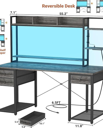 Aheaplus Desk with LED and Outlets, Gaming Desk with Hutch, 55.2'' Computer Desk with Drawers, Reversible office desk with storage bookshelf Large Workstation Desk with Shelf, Desk for Home, Black Oak - LeafyLoom
