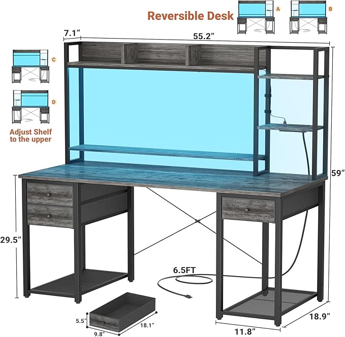 Aheaplus Desk with LED and Outlets, Gaming Desk with Hutch, 55.2'' Computer Desk with Drawers, Reversible office desk with storage bookshelf Large Workstation Desk with Shelf, Desk for Home, Black Oak - LeafyLoom