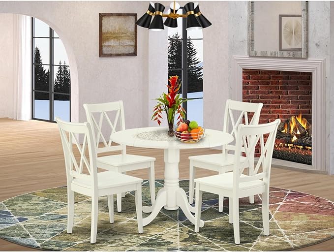 East West Furniture DLCL5-LWH-W Dublin 5 Piece Set Includes a Round Dining Room Table with Dropleaf and 4 Wood Seat Chairs, 42x42 Inch - LeafyLoom