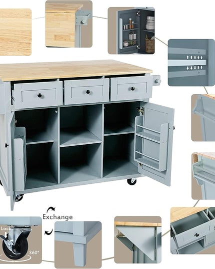 53" W Kitchen Island Table with Rubber Wood Drop-Leaf Countertop & Cabinet, Rolling Kitchen-Cart on 5 Wheels w/Internal Storage and 3 Drawers, Spice Holder, for Dining Room - LeafyLoom