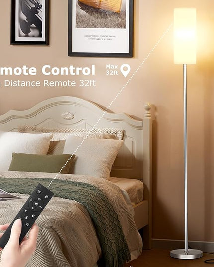 Ambimall 64'' Floor Lamps for Living Room with Remote Control and Stepless Dimmable Colors Temperature & Brightness, 9W Bulb Included(White Lampshade & Silver Pole) - LeafyLoom