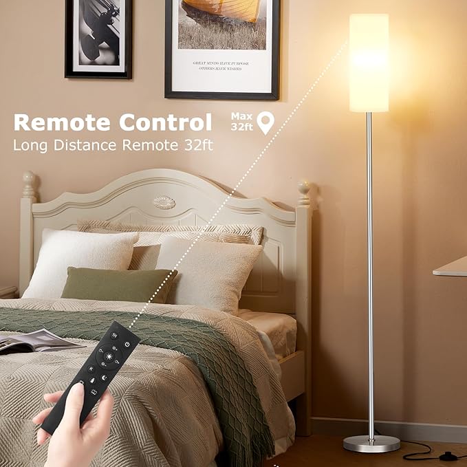 Ambimall 64'' Floor Lamps for Living Room with Remote Control and Stepless Dimmable Colors Temperature & Brightness, 9W Bulb Included(White Lampshade & Silver Pole) - LeafyLoom