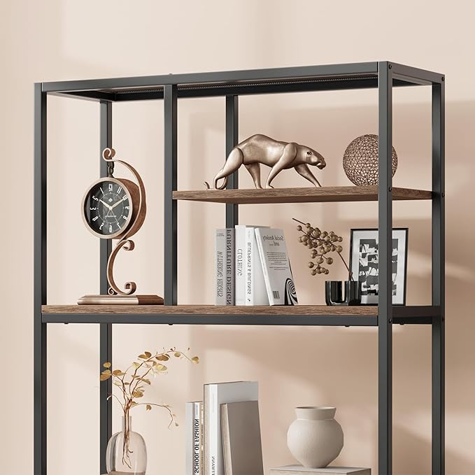Book Shelf, Tall Bookcase with Storage, 6-Tier Industrial Bookshelf with 2 Wooden Drawers for Home Office and Living Room, Brown - LeafyLoom