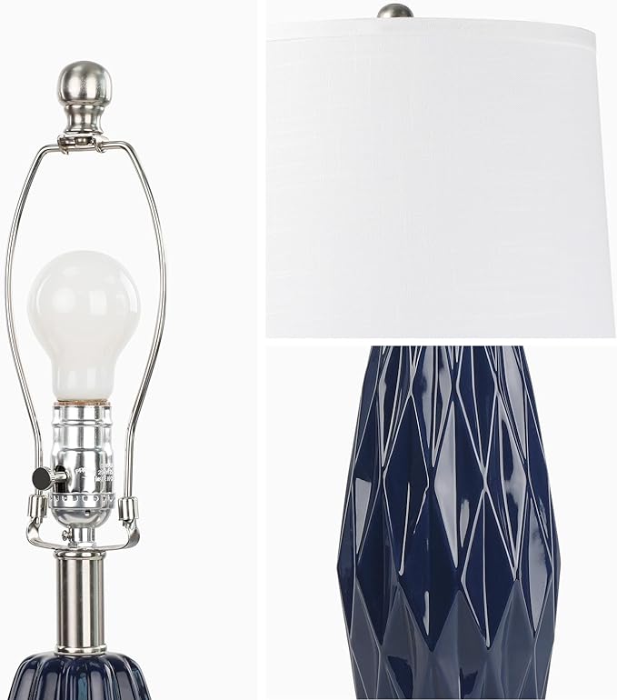 Modern Table Lamps, 25" Ceramic Bedside Lamps Blue Decor Lamp for Living Room End Table Lamp Tall Nightstand Lamps for Bedrooms |3-Way Dimmable Farmhouse Desk Lamps for Home Office Reading, Navy Blue - LeafyLoom