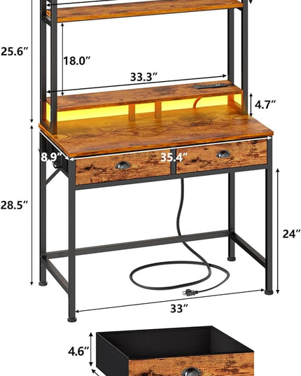 Furologee Small Computer Desk with Power Outlet and 2 Fabric Drawers, Gaming Desk with Light, Home Office Desk with Monitor Stand and Hutch for Small Space Working, Study Table with Shelf Rustic Brown - LeafyLoom