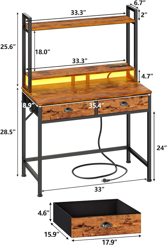 Furologee Small Computer Desk with Power Outlet and 2 Fabric Drawers, Gaming Desk with Light, Home Office Desk with Monitor Stand and Hutch for Small Space Working, Study Table with Shelf Rustic Brown - LeafyLoom