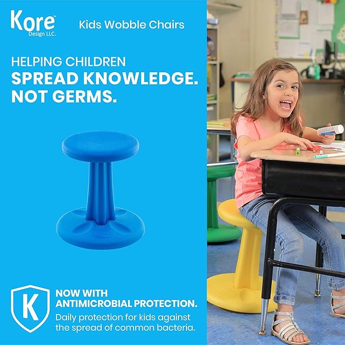 Kore Kids Junior Wobble Chair - Flexible Seating Stool for Classroom, Elementary School, ADD/ADHD - Made in The USA - Junior- Age 8-9, Grade 3-4, Blue (16in) - LeafyLoom