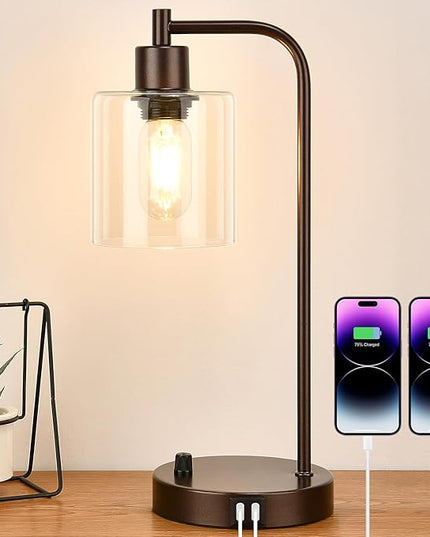 Brown Industrial Table Lamp with 2 USB Charging Ports, Fully Stepless Dimmable Modern Nightstand Lamp, Glass Shade Bedside Desk Lamp for Bedroom Living Room Office, 6W 2700K LED Edison Bulb Included - LeafyLoom