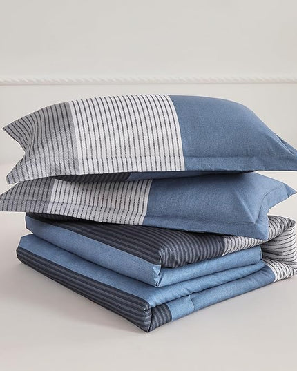 WONGS BEDDING Comforter Set Queen Size, Reversible Blue Grey Striped Patchwork Alternative Comforter for Queen Bed,3 Pieces (1 Comforter+2 Pillowcases), Soft Microfiber Bedding Duvet Set 90”×90” - LeafyLoom