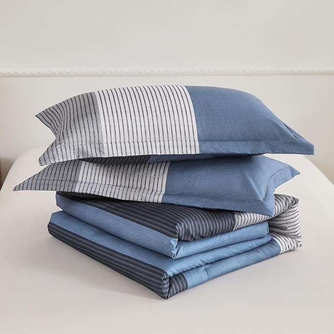 WONGS BEDDING Comforter Set Queen Size, Reversible Blue Grey Striped Patchwork Alternative Comforter for Queen Bed,3 Pieces (1 Comforter+2 Pillowcases), Soft Microfiber Bedding Duvet Set 90”×90” - LeafyLoom