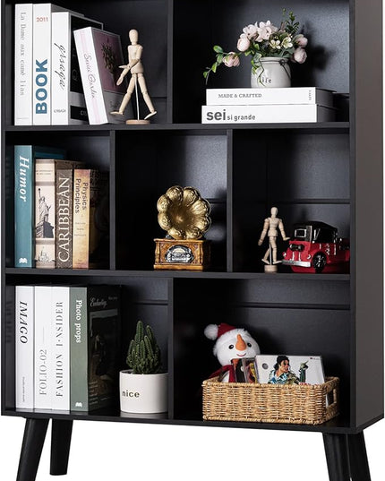 YAHARBO Black Bookshelf,3 Tier Modern Bookcase with Legs,Bookshelves Wood Storage Shelf, Open Book Shelves Cube Organizer,Freestanding Short Bookcases - LeafyLoom
