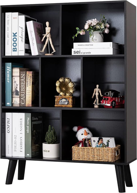 YAHARBO Black Bookshelf,3 Tier Modern Bookcase with Legs,Bookshelves Wood Storage Shelf, Open Book Shelves Cube Organizer,Freestanding Short Bookcases - LeafyLoom