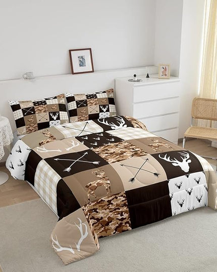 Kids Deer Antler Animal Comforter Set King Size,Brown Camo Xmas Bedding Set,Girls Boys Adults Bedroom/Cabin Decor,Plaid Patchwork Vintage Down Comforter,Boho Arrows Duvet Insert,3pcs,2 Pillowcases - LeafyLoom