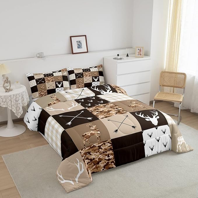 Kids Deer Antler Animal Comforter Set King Size,Brown Camo Xmas Bedding Set,Girls Boys Adults Bedroom/Cabin Decor,Plaid Patchwork Vintage Down Comforter,Boho Arrows Duvet Insert,3pcs,2 Pillowcases - LeafyLoom