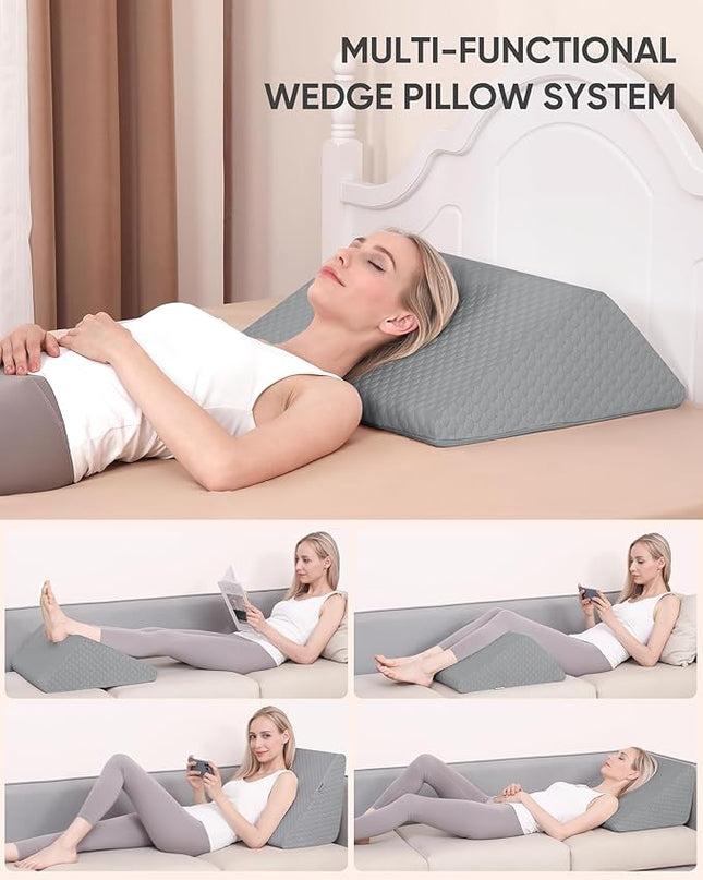 Forias Knee Wedge Pillow for Legs 8" Pure Memory Foam Bed Wedge Pillow for Sleeping After Surgery Triangle Pillow Wedge for Knee Support Leg Elevation Sciatica Knee Hip Back Pain Relief - Gray - LeafyLoom