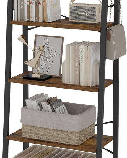 Ladder Shelf, Bookshelf Bookcase, Freestanding Corner Storage Shelve with 2 Hooks for Home Office, Living Room, Kitchen, Bedroom, Industrial, 5-Tier Rustic Brown BC19301B - LeafyLoom
