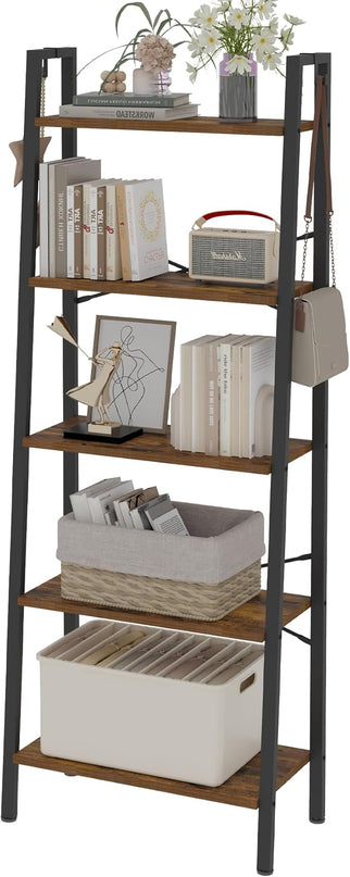 Ladder Shelf, Bookshelf Bookcase, Freestanding Corner Storage Shelve with 2 Hooks for Home Office, Living Room, Kitchen, Bedroom, Industrial, 5-Tier Rustic Brown BC19301B - LeafyLoom