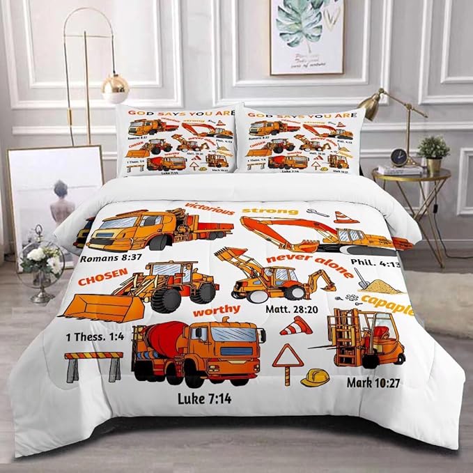 Kids Construction Vehicles Truck Comforter for Boys Full,Cartoon Car Excavator Tractor Bedding Set,Construction Christian Spirational Quotes Comforter with 2 Pillowcases White - LeafyLoom
