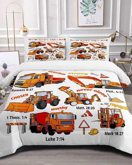 Kids Construction Vehicles Truck Comforter for Boys Twin,Cartoon Car Excavator Tractor Bedding Set,Construction Christian Spirational Quotes Comforter with 2 Pillowcases White - LeafyLoom