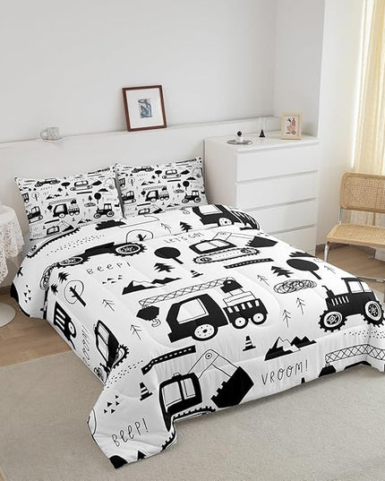 Construction Bedding Set Full Size Equipment Trucks Comforter Set for Kids Boys Girls Decor Cartoon Car Excavator Tractor Comforter Black White Duvet Set Bedroom Quilt Set - LeafyLoom