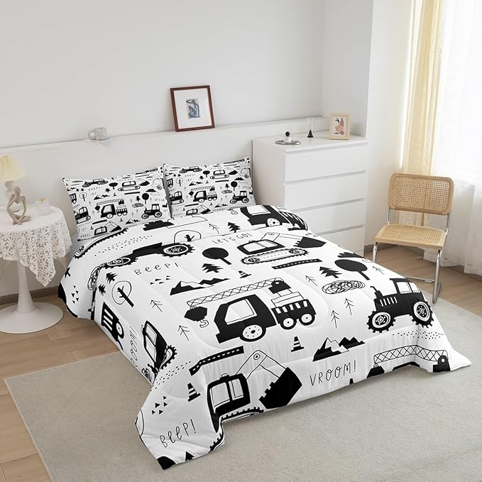 Construction Bedding Set Full Size Equipment Trucks Comforter Set for Kids Boys Girls Decor Cartoon Car Excavator Tractor Comforter Black White Duvet Set Bedroom Quilt Set - LeafyLoom