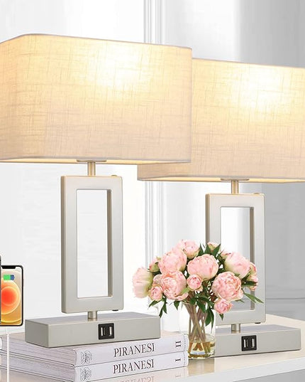 Lamps Set of 2 Touch Control Table Lamps with 2 USB Ports 3-Way Dimmable Bedside Nightstand Lamps for Bedrooms Silver Lamp for End Table Contemporary Lamps with Beige/Grey Shades - LeafyLoom