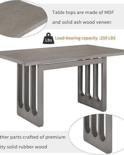 60 Inch Dining Table Set for 6, 7-Piece Rectangular Dining Table and 6 Upholstered Chairs with Special U-Shape Design, Wood Kitchen Table Set for Dining Room, Grey+Beige - LeafyLoom