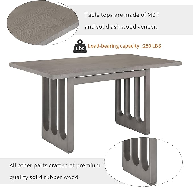 60 Inch Dining Table Set for 6, 7-Piece Rectangular Dining Table and 6 Upholstered Chairs with Special U-Shape Design, Wood Kitchen Table Set for Dining Room, Grey+Beige - LeafyLoom