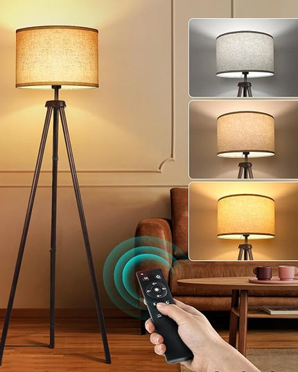 OUTON Wood Tripod Floor Lamp, Mid Century LED Dimmable Floor Lamp with Remote Control, 4 Color Temperature, Sturdy Tall Standing Lamp with Beige Linen Texture Shade for Living Room, Bedroom, Office - LeafyLoom