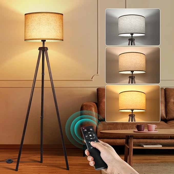 OUTON Wood Tripod Floor Lamp, Mid Century LED Dimmable Floor Lamp with Remote Control, 4 Color Temperature, Sturdy Tall Standing Lamp with Beige Linen Texture Shade for Living Room, Bedroom, Office - LeafyLoom