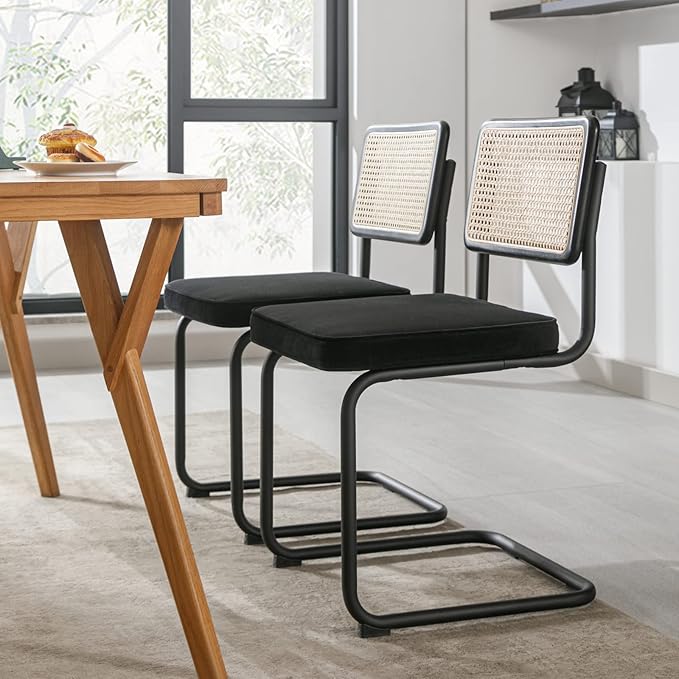Zesthouse Rattan Dining Chairs Set of 2, Velvet Accent Chairs with Natural Cane Back & Stainless Chrome Base, Modern Mid Century Breuer Designed Chairs, Upholstered Dining Room Kitchen Chairs - LeafyLoom