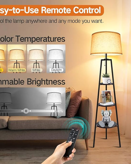 OUTON Tripod Floor Lamp with Shelves, Modern Shelf Floor Lamp with Remote, 4 Color Temperature, Dimmable Tall Standing Corner Lamp with Beige Linen Texture Shade for Living Room, Bedroom, Office - LeafyLoom
