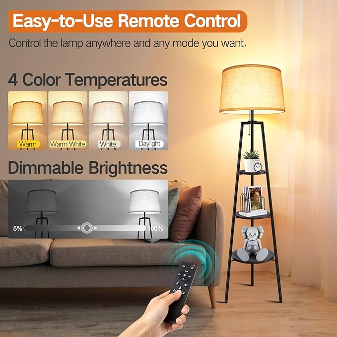 OUTON Tripod Floor Lamp with Shelves, Modern Shelf Floor Lamp with Remote, 4 Color Temperature, Dimmable Tall Standing Corner Lamp with Beige Linen Texture Shade for Living Room, Bedroom, Office - LeafyLoom