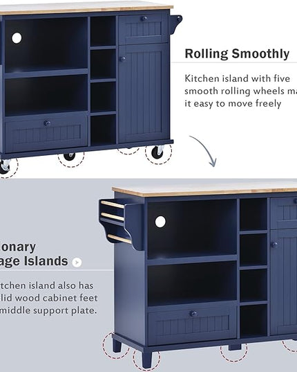 Mobile Kitchen Cart with Storage Cabinet & Solid Wood Desktop, Kitchens Island on Wheels w/Adjustable Shelf and Drawer, Floor Standing Buffet Sideboard for Dining Room, Bar - LeafyLoom