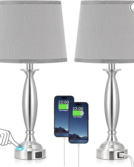 Bedrooms Touch Control Bedside Lamp with USB C+A, 3 Way Dimmable Nightstand Lamps with USB Port, Brushed Nickel Table Lamp for Living Room Guest Room Bed Side End Table, Set of 2 - LeafyLoom