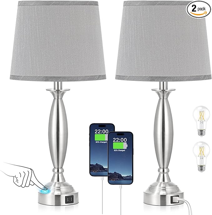 Bedrooms Touch Control Bedside Lamp with USB C+A, 3 Way Dimmable Nightstand Lamps with USB Port, Brushed Nickel Table Lamp for Living Room Guest Room Bed Side End Table, Set of 2 - LeafyLoom