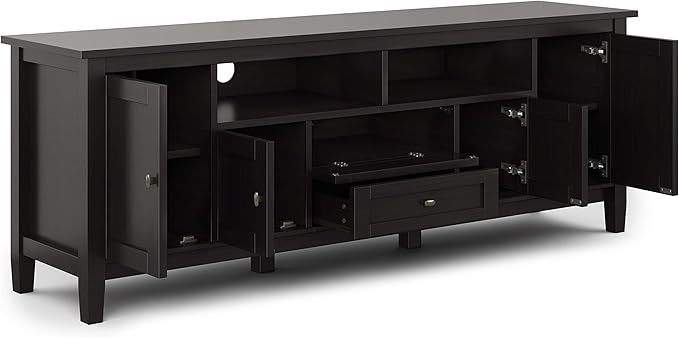 SIMPLIHOME Warm Shaker SOLID WOOD 72 Inch Wide Universal TV Media Stand Transitional with Storage, For Flat Screen TVs up to 80 Inches in Hickory Brown, For the Living Room Entertainment Center - LeafyLoom