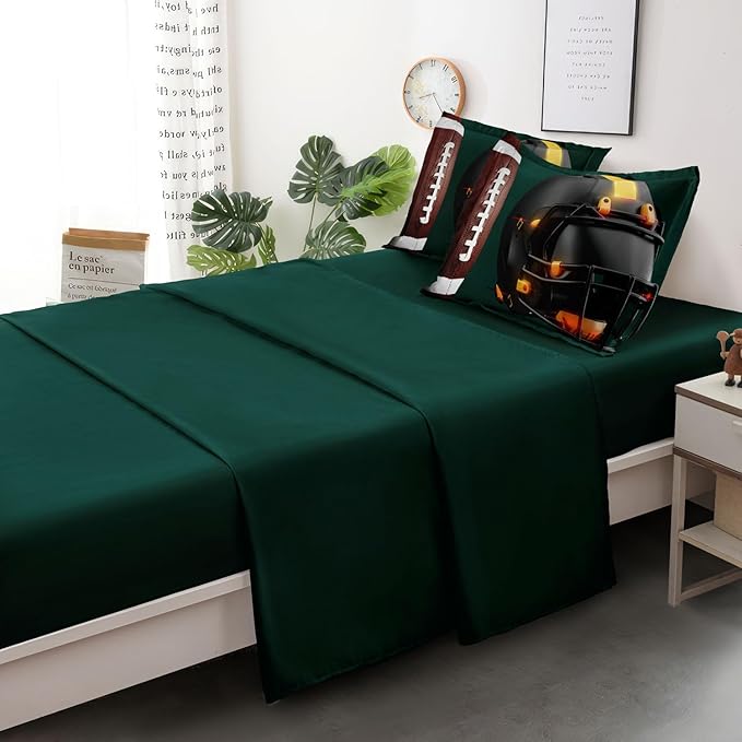 Teen Boy Football Bedding Set Twin Size, 4 Pieces American Football Comforter Set Twin, Kids Sports Bedding Bed in a Bag Set, Green Brown - LeafyLoom