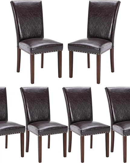 COLAMY Upholstered Parsons Dining Chairs Set of 6, PU Leather Dining Room Kitchen Side Chair with Nailhead Trim and Wood Legs - Dark Brown - LeafyLoom