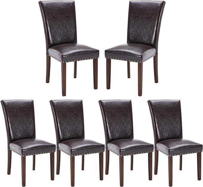 COLAMY Upholstered Parsons Dining Chairs Set of 6, PU Leather Dining Room Kitchen Side Chair with Nailhead Trim and Wood Legs - Dark Brown - LeafyLoom
