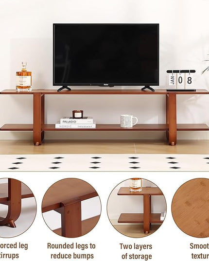 Tiita TV Stand with Storage for TVs up to 65'', Bamboo TV Console Entertainment Center with 2 Open Shelf, Mid Century Modern Media Console for Living Room, Bedroom, Walnut - LeafyLoom