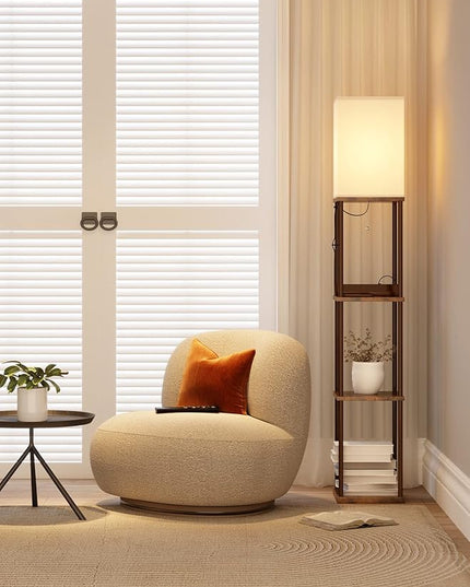 addlon Shelf Floor lamp with 2 USB Ports and Power Outlet, Remote Control Floor lamp for Living Room with 3 Color temperatures led Bulb, Display lamp for Bedroom and Office - Brown - LeafyLoom